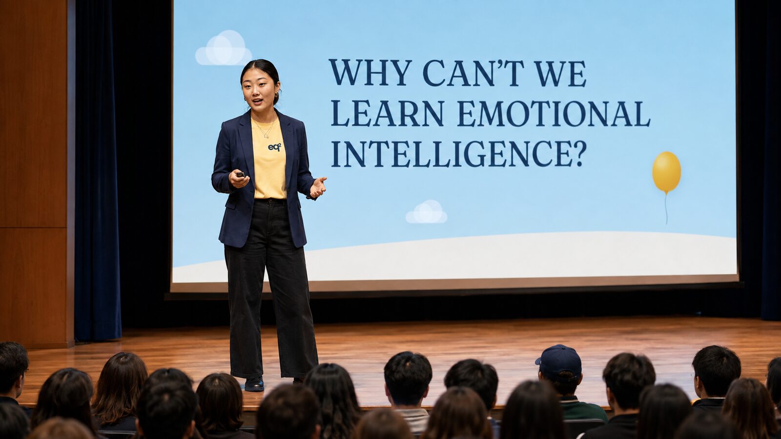 Emma Byun speaking to a full school auditorium, an eq2 slide behind her reads Why Can't We Learn Emotional Intelligence?