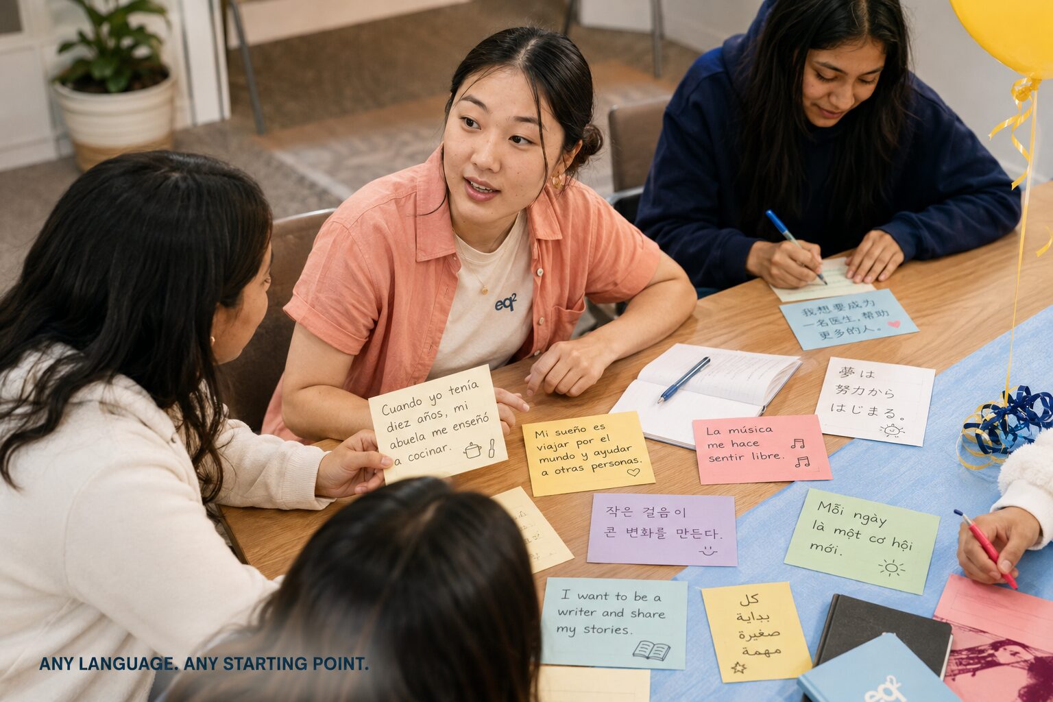Students at a table covered in sticky notes written in multiple languages, text overlay reads Any Language. Any Starting Point.