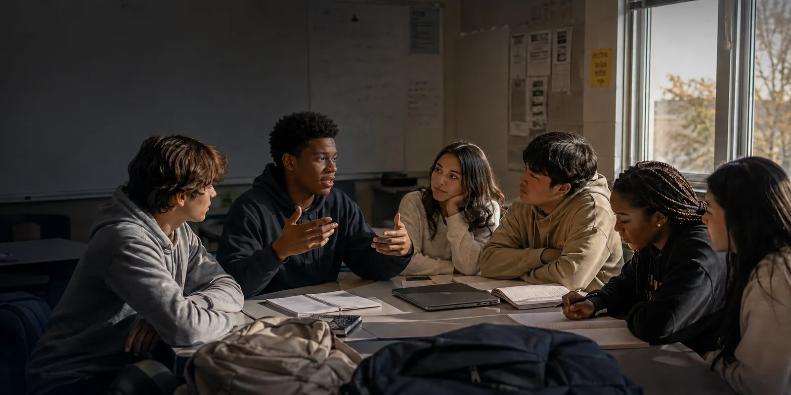 Students in conversation around a classroom table — one speaking, the others listening